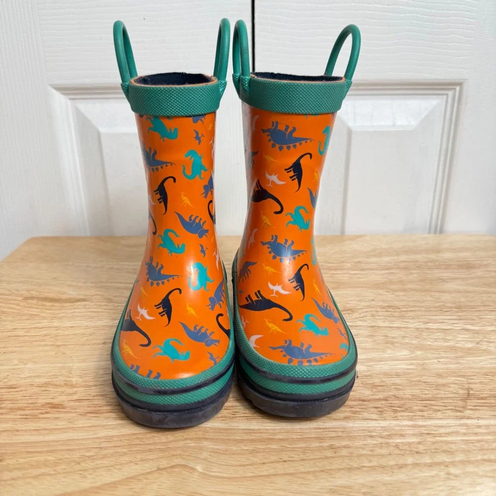 Lily & Dan Dinosaur Rain Boots Size 5/6 Orange Green Blue Puddle Jumper Style